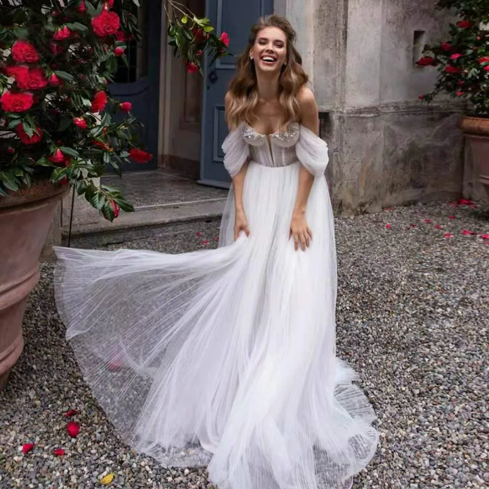 

Sweetheart Bead Wedding Dresses 2 In 1 Detachable Off Shoulder Ruched Tulle A-Line Bridal Gown Vestido De Novia Boda Brautkleid
