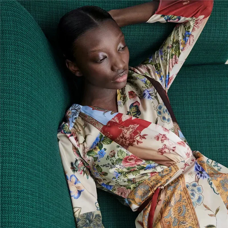 

2021 Floral Print Summer Long Dress Women Long Sleeve Patchwork Wrap Vintage Party Dresses Feminine Self Belt Casual Vestidos