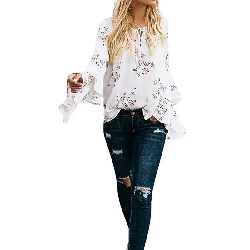 

2020 Spring Elegant Print Women Tops Casual Fashion Flare Sleeves O-neck Loose T-shirts