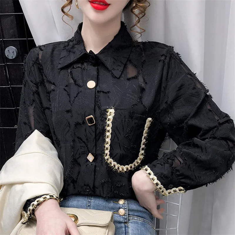 

CBAFU runway chic desige chiffon jacquard blouse women shirt tops autumn new long sleeve slim tassel luxury button solid N482