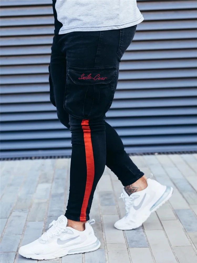 

New Jeans For Men Skinny Stretchy Side Stripe Multi-Pocket Pencil Pants Male Moto Biker Printed Denim Hip-hop Jogging Cargo Pant