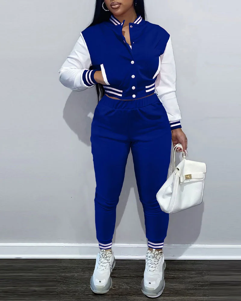 

Europe America 2021 color matching women's jacket suit single-breasted stitching long-sleeved baseball uniform two-piece female