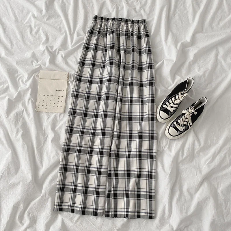 

GOOHOJIO Vintage Plaid Pants Women High Waist Plus Size Wide Leg Casual Female Trousers 2021 Fashion Joggers Clothes Streetwear
