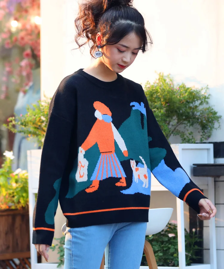 Осенний дизайн повседневный свободный женский Зимний пуловер свитера черный