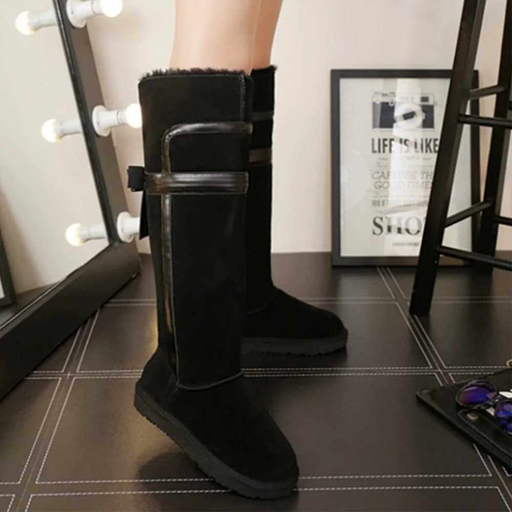 Сапоги до колена из натуральной овечьей кожи с бантом|warm shoes|sheepskin snow bootssnow boots |