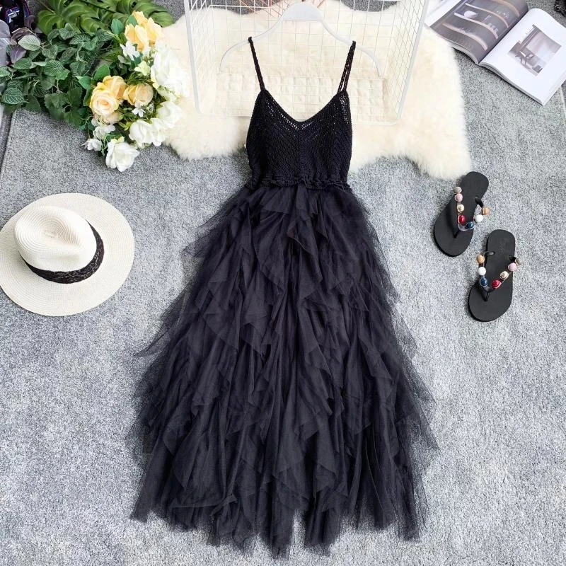 

Women Tulle Dress 2021 Summer Mesh Dress High Waist Hem Asymmetrical Pleated Fairy Vestidos de Verano Female Slim Mesh Dresses