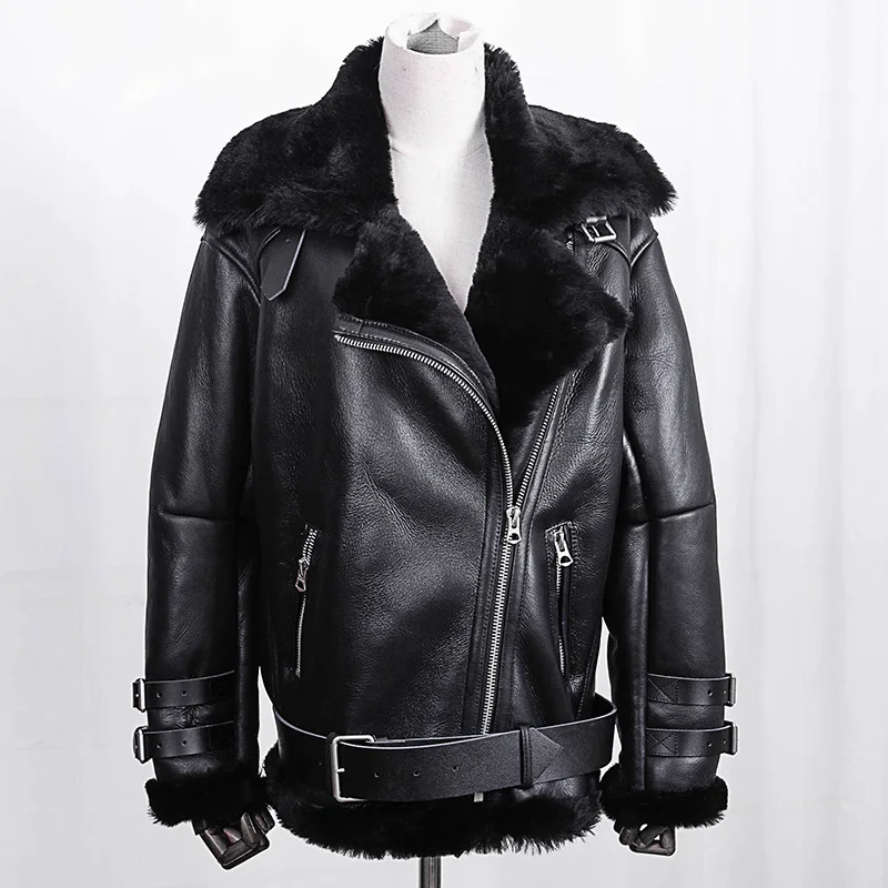 

Maylofuer Women Locomotive overcoat Real and Natural Leather Jacket 100% Genuine Sheepskin Coat Women Fur with Belt