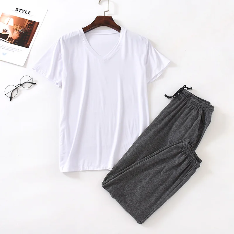 Japanese spring and summer men's pajamas suit modal viscose fiber short-sleeved trousers loose large size casual home wear