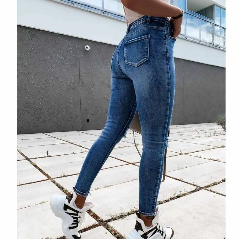 2021 Spring Autumn New High Street Elasticity Skinny Jeans Women Fashion Hole Bleached Vintage Push Up Slim Denim Pants Femme