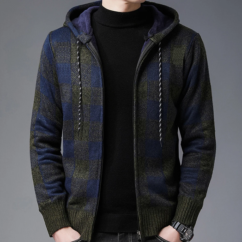 Covrlge Men's Hooded Cardigan Sweater Jacket Winter Plus Velvet Thick Plaid Warm Casual Hoodie Sweater Coat Streetwear MWK023