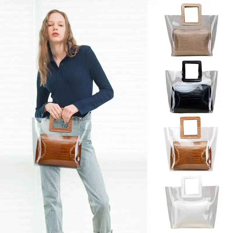 

50LD Women Summer Beach PVC Transparent Handbag Tote Cosmetic Beach Bag Purse Messenger