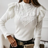 Flower Ruffle Shoulder Slim Women Sweater Lace Long Sleeve Pullover Knit Tops 2020 Winter High Street Fashion Sweater For Women