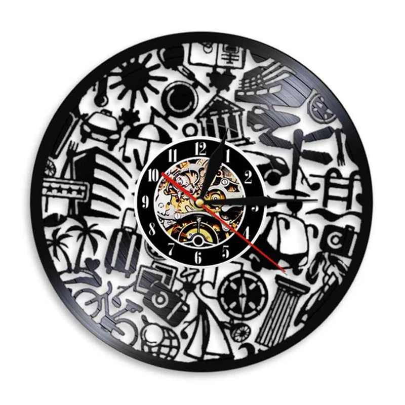 

Туристические настенные часы с виниловой пластиной, винтажные Черные виниловые настенные часы с тематикой путешествий, индивидуальные вин...