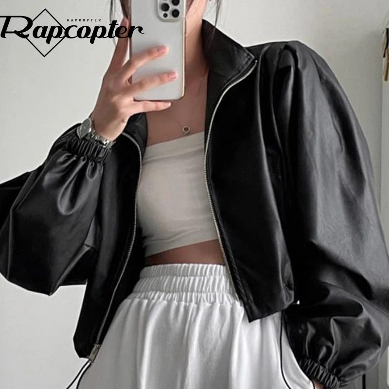 

Rapcopter Solid Punk Jackets PU Leather Cropped Coat Zipper Loose Grunge Fashion Casual Outerwear Vintage Women Autumn Tops Cute