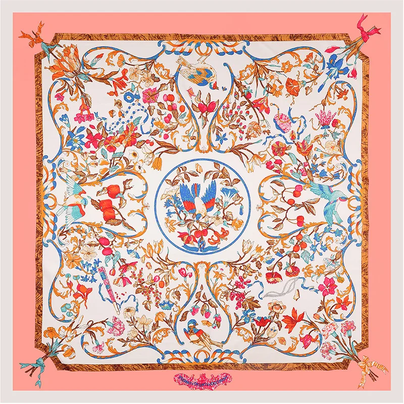 

New arrival 2019 twill silk square scarf women 5 pattern colors 100% real silk Fashion Flower and Bird square scarf silk gifts