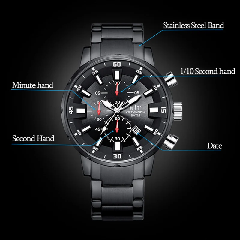 KAT-WACH хронограф Для мужчин спортивные часы для золотые 50 м Водонепроницаемый