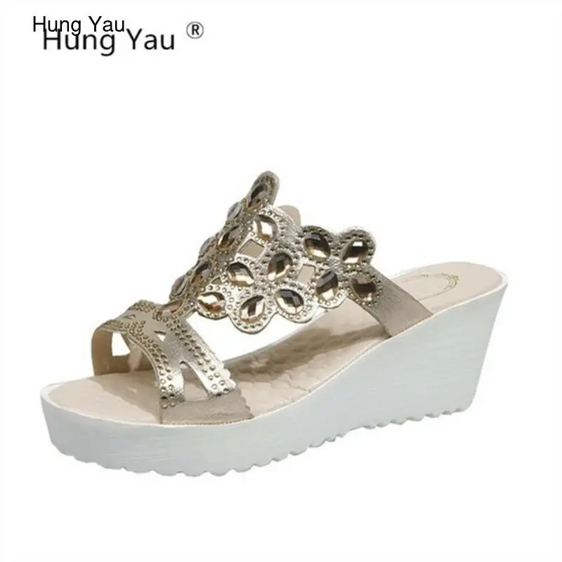 

Wedge Sandals Shoes For Women Peep Toe Black Female Platform Summer Cool Sandals Rhinestone Sequins Shoes Flats Plus Size 34-48