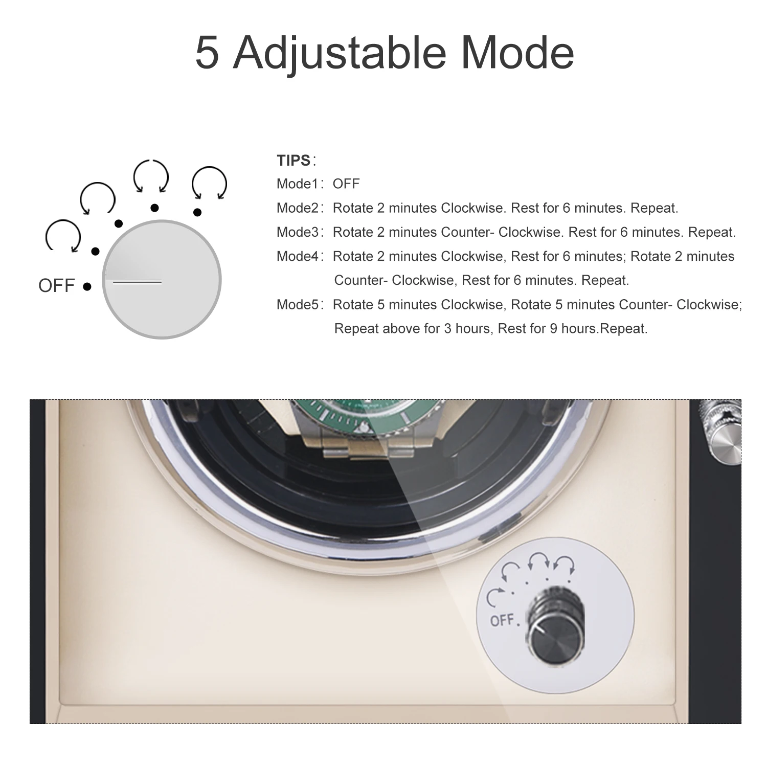 Ebony Baking Finish Watch Winder with Quiet Motors 1+0 Storage PU Leather Vertical knob + LED Light + Cover Opening Self Stop