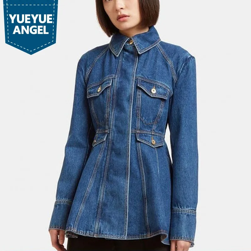 Милое короткое женское джинсовое платье на пуговицах с длинным рукавом весенние