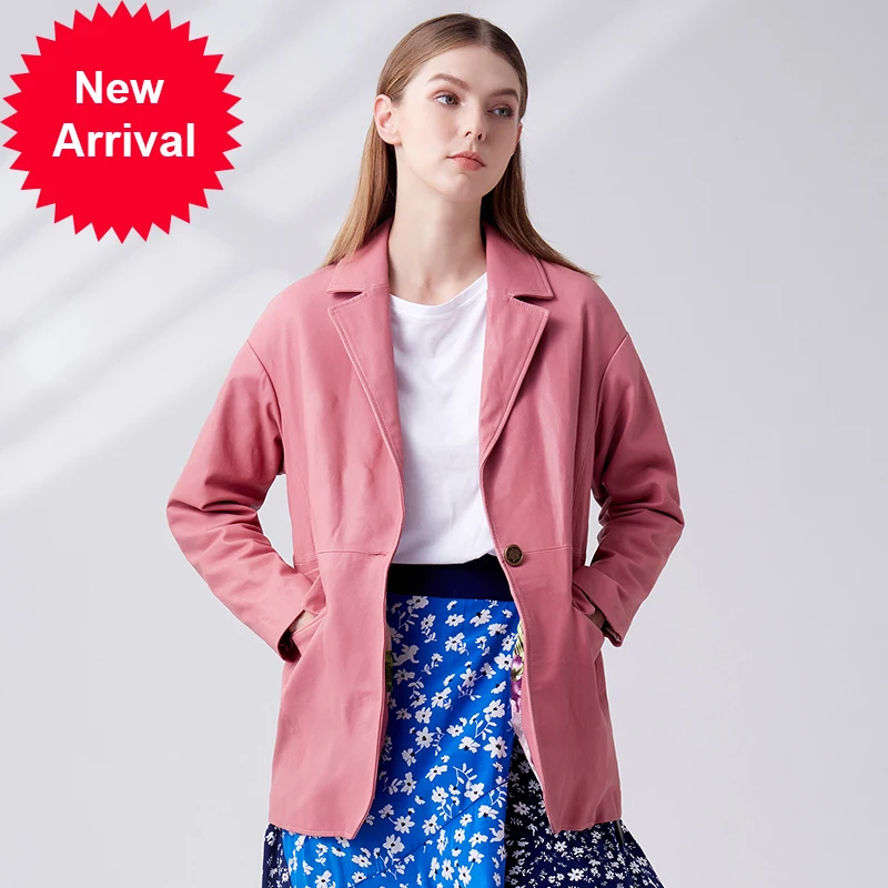 

Leather leather coat pink sheepskin small suit mid-length one-button western style coat Paris girl