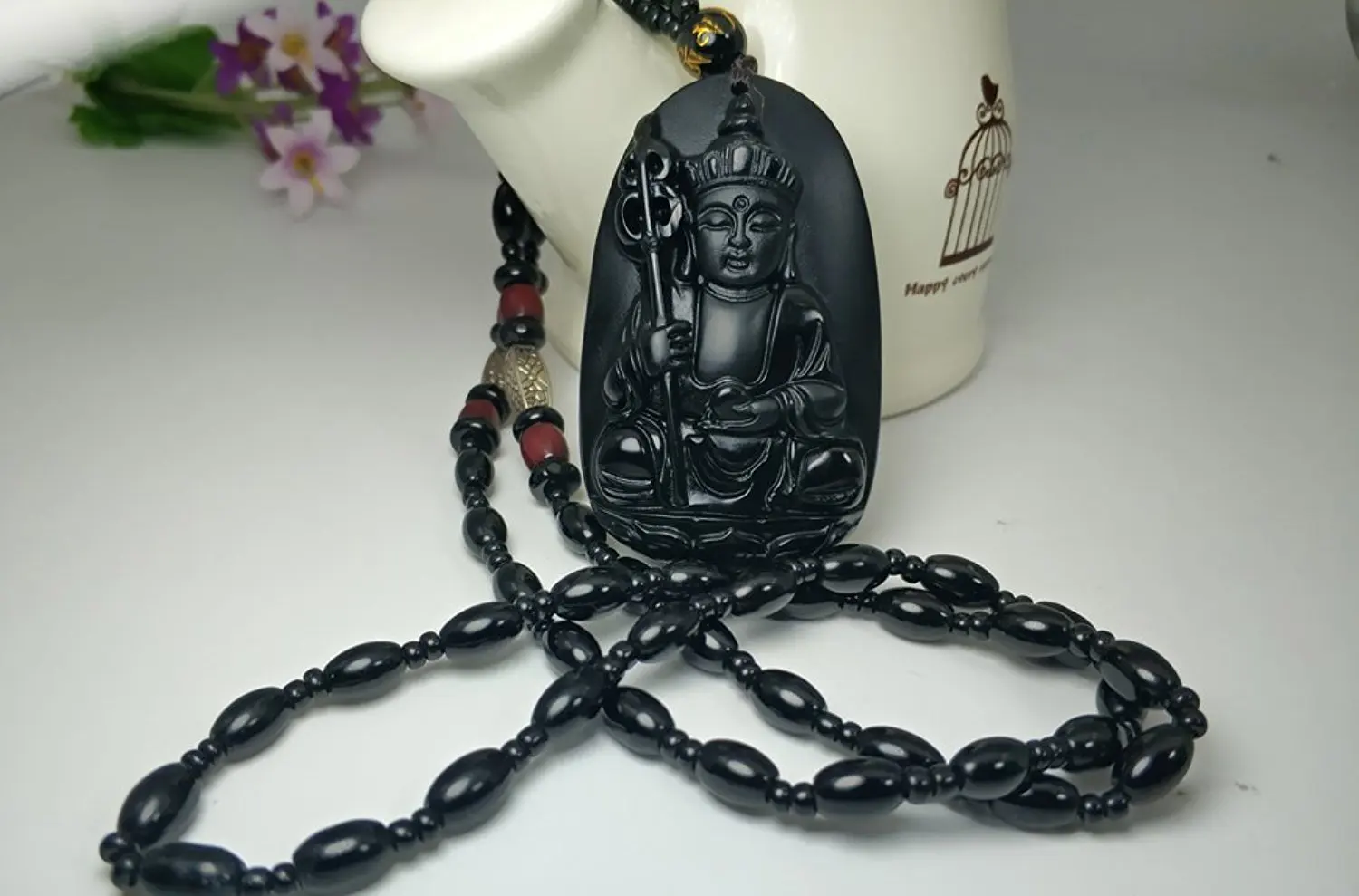 LETSFUN Fine Jewelry Clin-kk Pure Natural Obsidian Tibet Buddhism Jizo King Di Zang Buddha Necklace Pendant Free Shipping | Украшения и