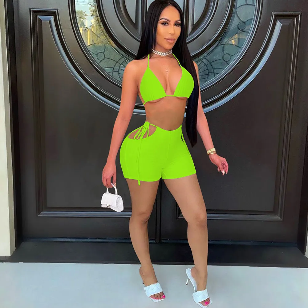 

Неоновые Цвет повязки из двух частей комплекты с короткими рукавами для женщин летние укороченный топ на бретельках без спинки и вырезами п...