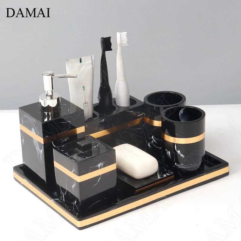 european resin bathroom set five piece set home shower accessories creativity marble texture golden stroke toiletries organizer free global shipping