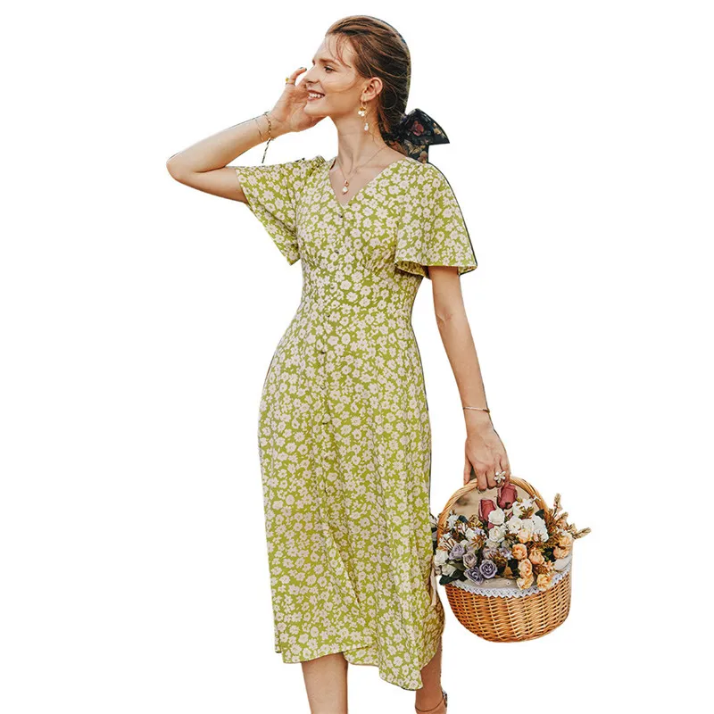 

Summer Dress Women Butterfly Short Sleeve Original Design French Style Prairie Chic V-Neck Green Printed Midi Maxi Woman Dresses