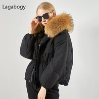 lagabogy 2021 winter 90 white duck down coat women thick warm puffer jacket female big real raccoon fur hooded loose snow parka