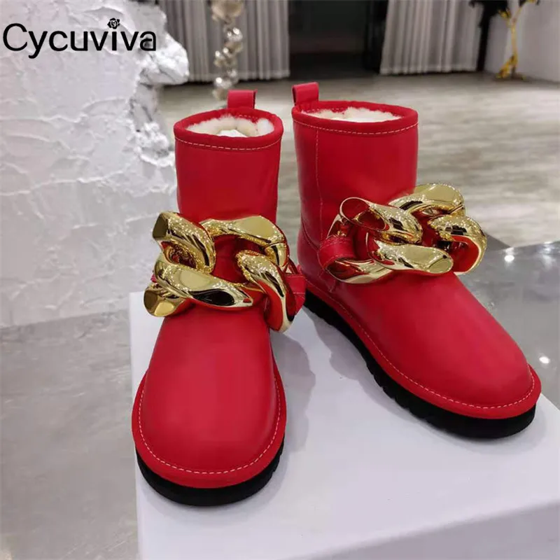 Новинка женские зимние сапоги из шерсти с золотой цепочкой теплая обувь на