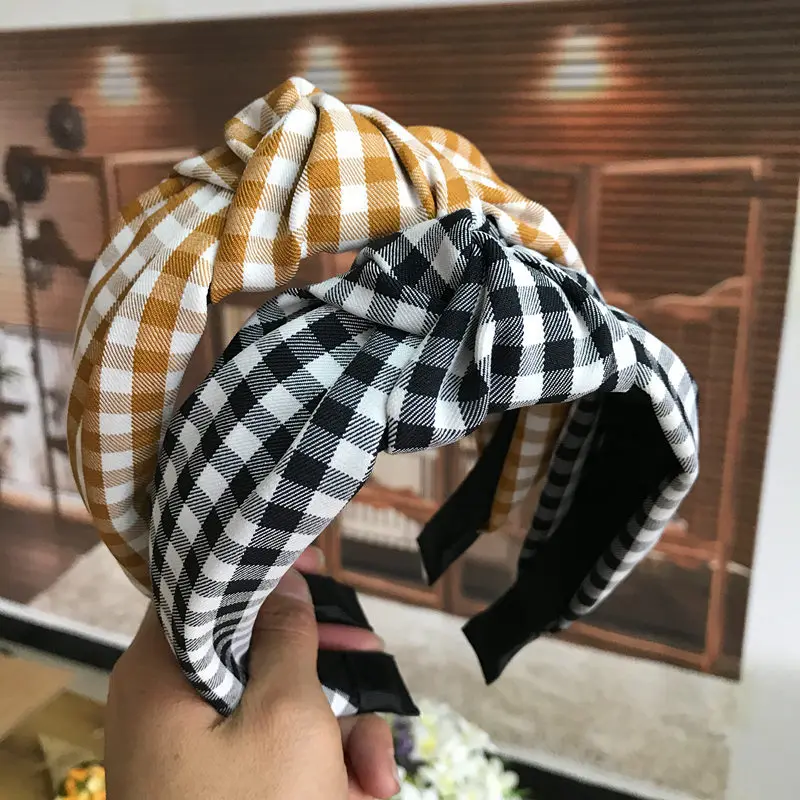 

CN 2021 Fashion Women Plaid Hairbands Classic Lattice Headband Adult Hair Bands Center Knot Headwear Turban Hair Accessories