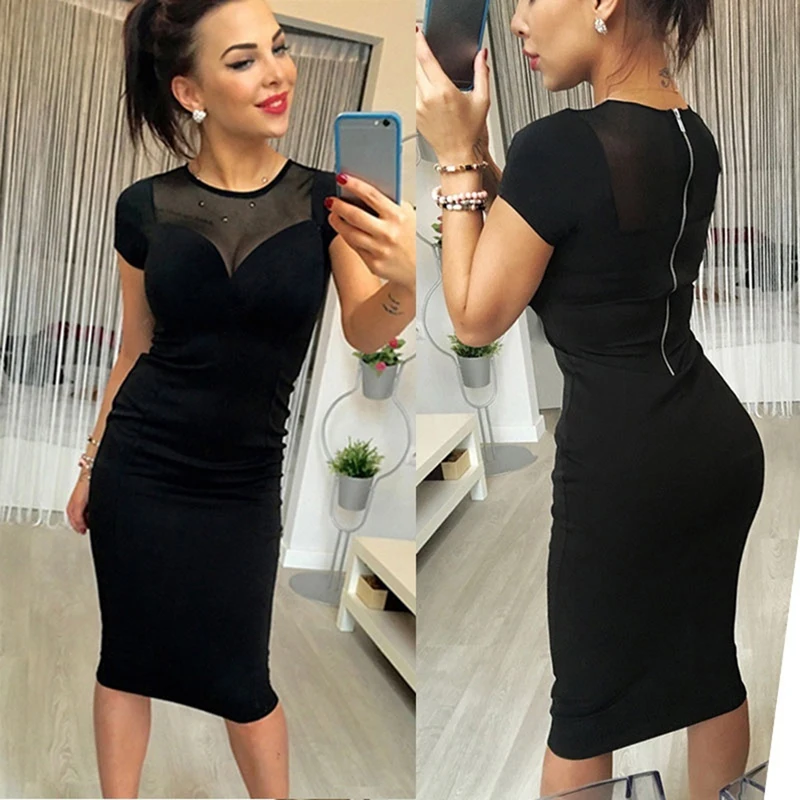 

New 2020 Spring Summer Dress Fashion Yarn Splicing Back Zipper Short Sleeved Knee Office Sexy Women's Dresses