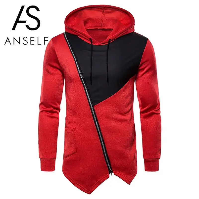 Толстовка с капюшоном для мужчин завязками вырезом нерегулярная молния подолом