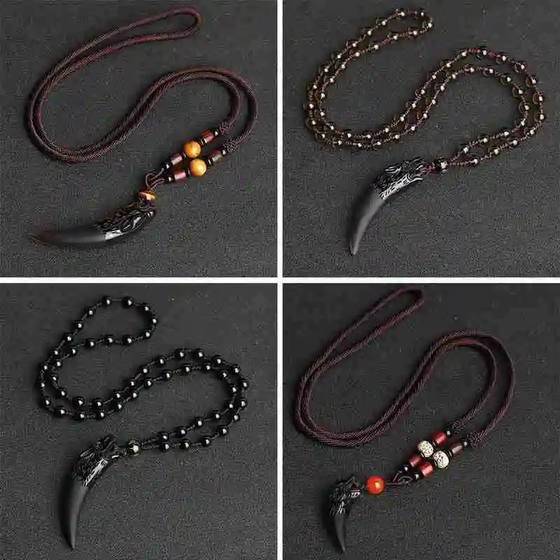 Натуральный обсидиан кулон ожерелье волчий зуб счастливый бисером веревка Пара