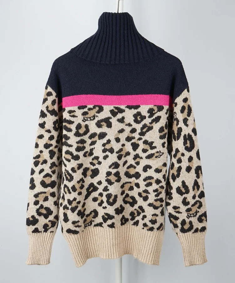 Новый осенний и зимний модный Леопардовый принт розовый цвет свитер с высоким