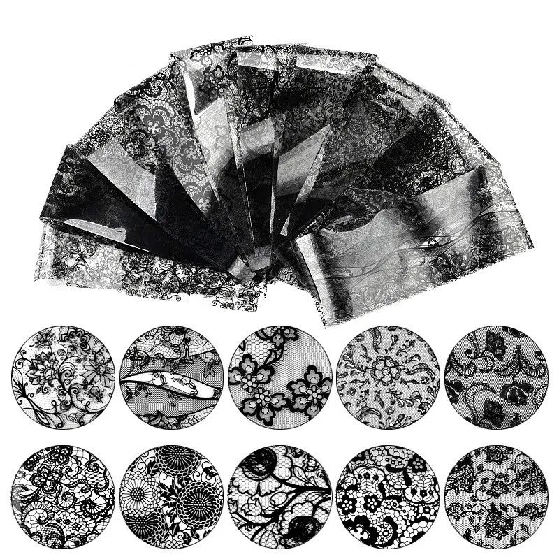 10pcs White/Black Lace Nail Sticker Foils Star Paper Floral Decal Transfer Wraps Tips Design Flower Art Decor UV Gel Polish | Красота и