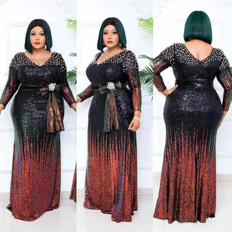 

Sexy V Neck Black Sequin Dinner Gown Women Diashiki African Prom Wedding Party Dresses Elegant Dubai Abaya Long Maxi Dress
