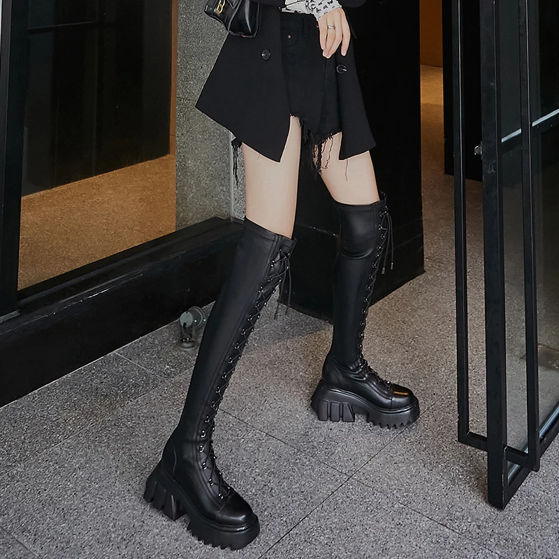 spesifikasi Musim Semi Dan Musim Gugur 2020 Serbaguna Baru Leisure High Boots Fashion Martine Sepatu Bot Sepatu Bot Di Atas Lutut Renda-Up Paha Sepatu Bot Tinggi X542