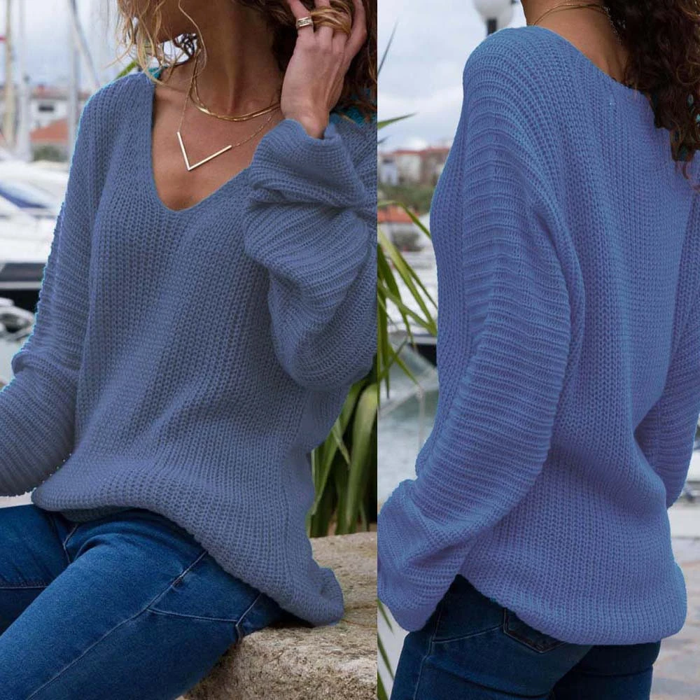 Женский пуловер с v-образным вырезом JAYCOSIA Свободный вязаный свободного покроя на