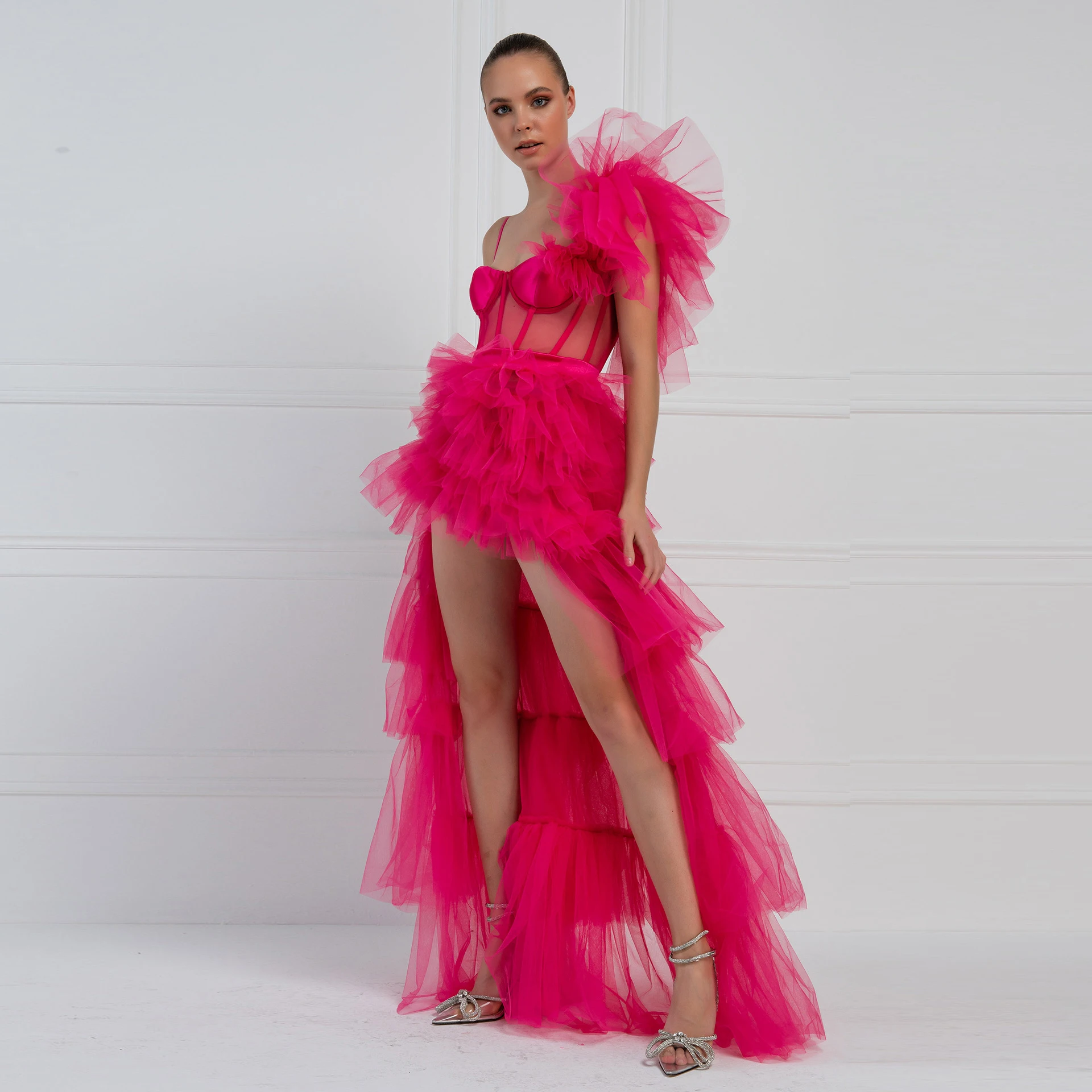 

2021 robe de soirée de mariage vestidos formales Hot Pink Evening Dresses Ruffles Formal Gown High Low vestido de festa