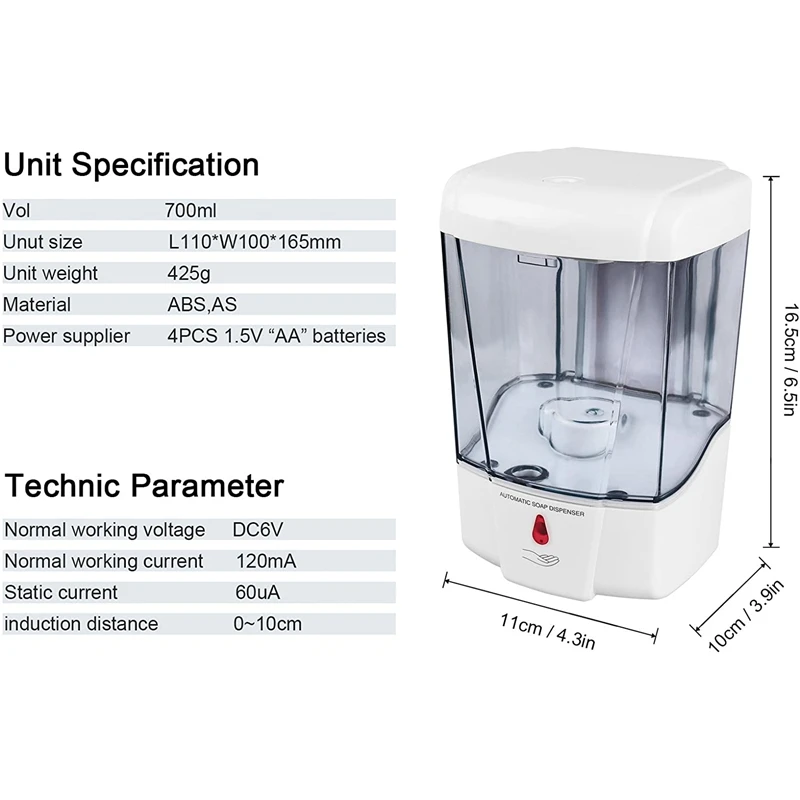 

Automatic Ir Sensor Soap Dispenser, 4Pcs 700Ml Wall Mounted Automatic Soap Dispenser with Press Free Hand Free Infrared