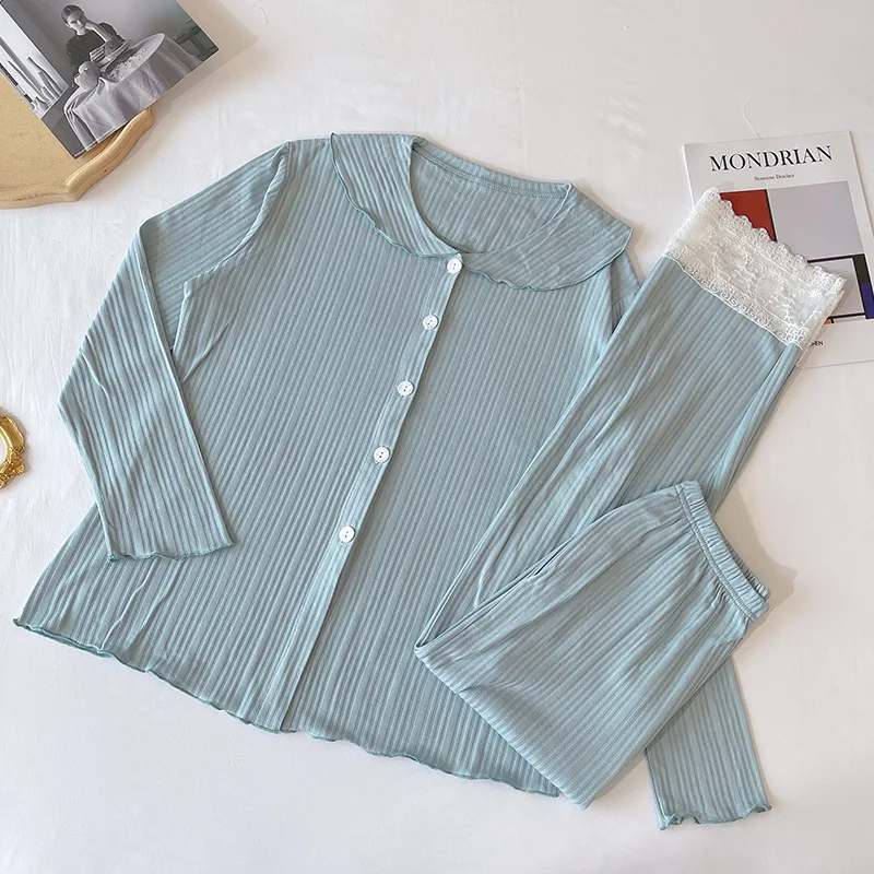 

Pure Cotton Blue Pajamas Women's Spring and Autumn Long-Sleeved Cardigan Sweet Lace Suit Korean Thin Summer Winter Home Wear