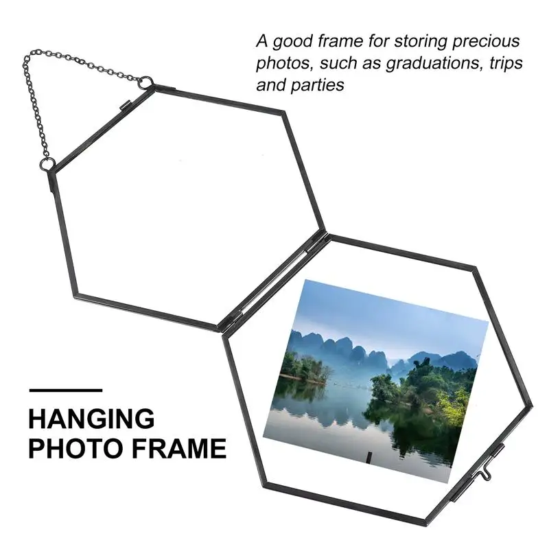 

Hexagon Glass Hanging Photo Frame Specimen Clip Decorative Picture Frame