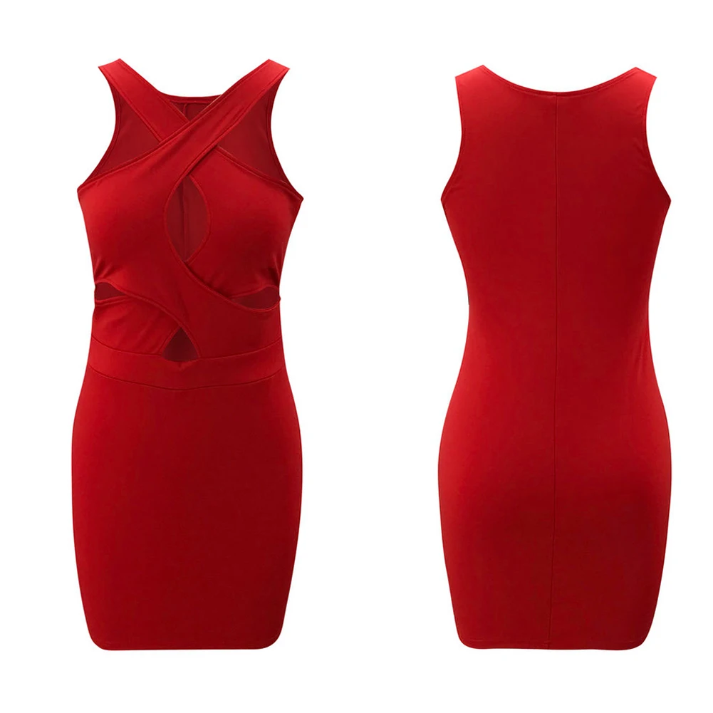

Women Sexy Cross Hollow Dress Summer Fashion Solid Color Slim Fit Skinny Hip Short Dresses