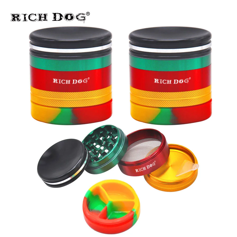 

RICH DOG Rasta 63MM 5Piece Metal Tobacco Grinder Smoking Grinder Silicone Storage Stash Jars Herbal Crusher Miller