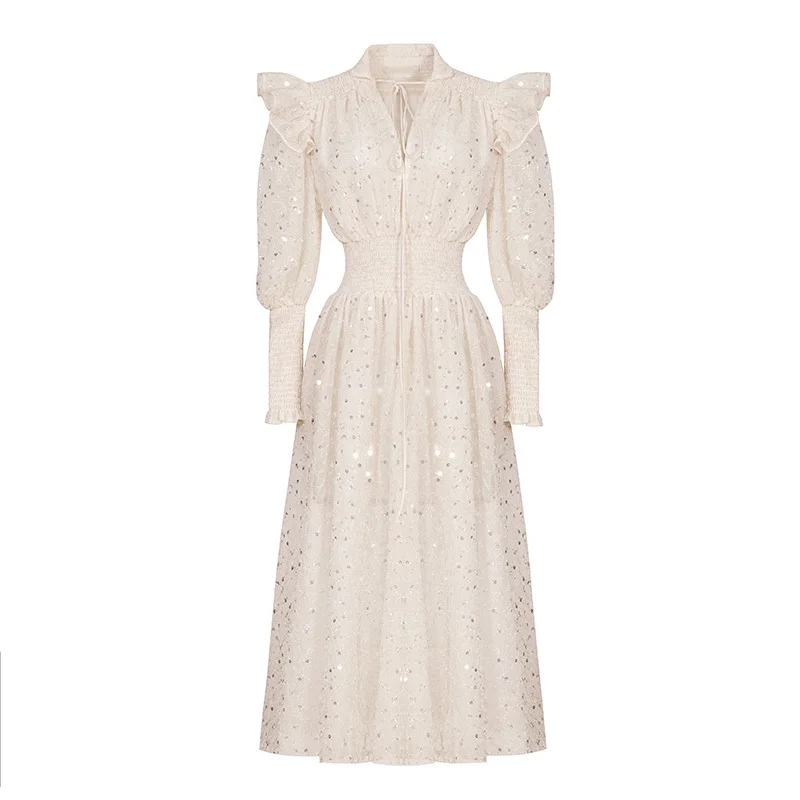 

VGH Apricot Elegant Lace Up Bowknot Dress For Women V Neck Lantern Long Sleeve High Waist Patchwork Sequin Dresses Female Summer