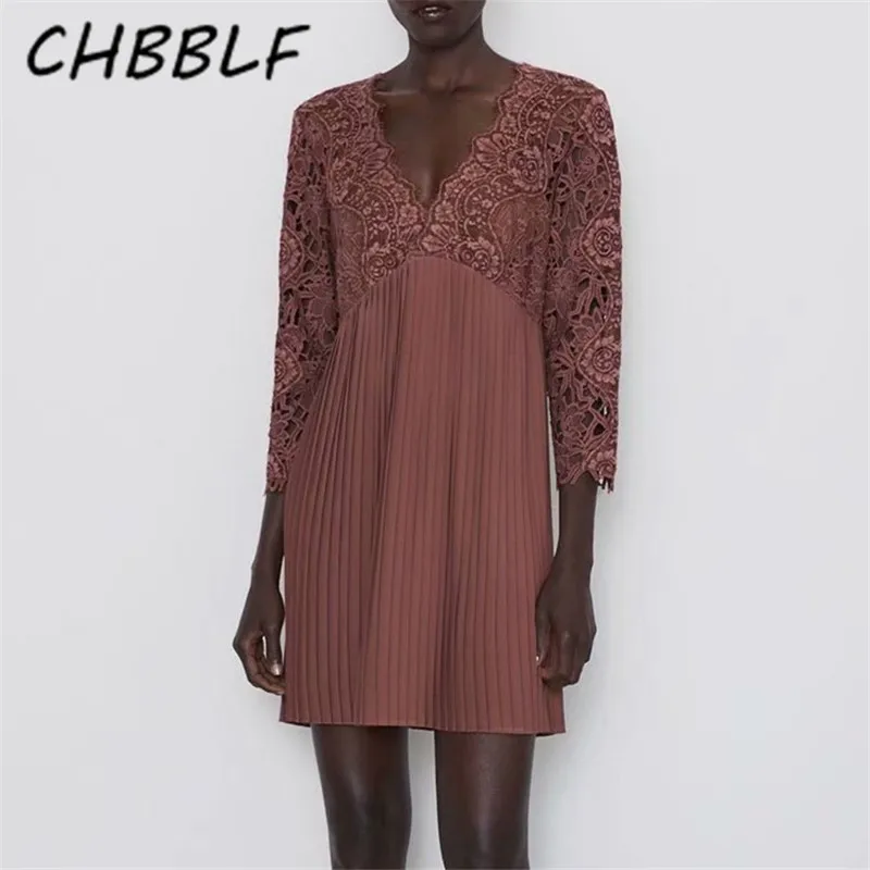 

CHBBLF women chic lace patchwork dress three quarter sleeve V neck female elegant pleated dresses solid vestidos NJN1430