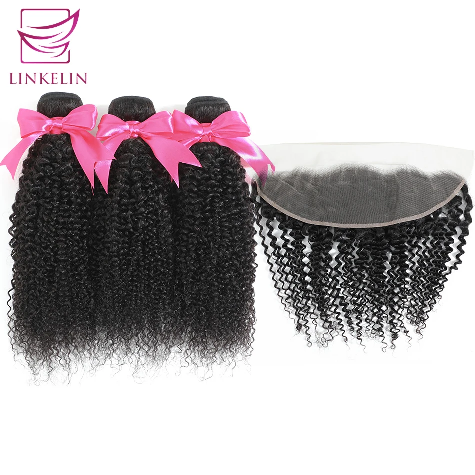 

Курчавые Кудрявые пучки с фронтальной малазийской Реми-прядью человеческих волос, пучки с фронтальной 13*4 волосами LINKELIN, пупряди с застежко...