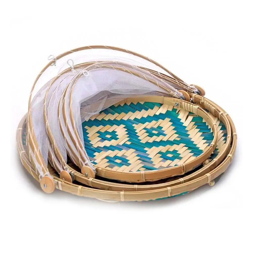 

Bamboo Woven Basket Tray Fruit Vegetable Bread Storage Basket Hand-Woven Food Serving Tent Basket Outdoor Picnic Mesh Net Cover
