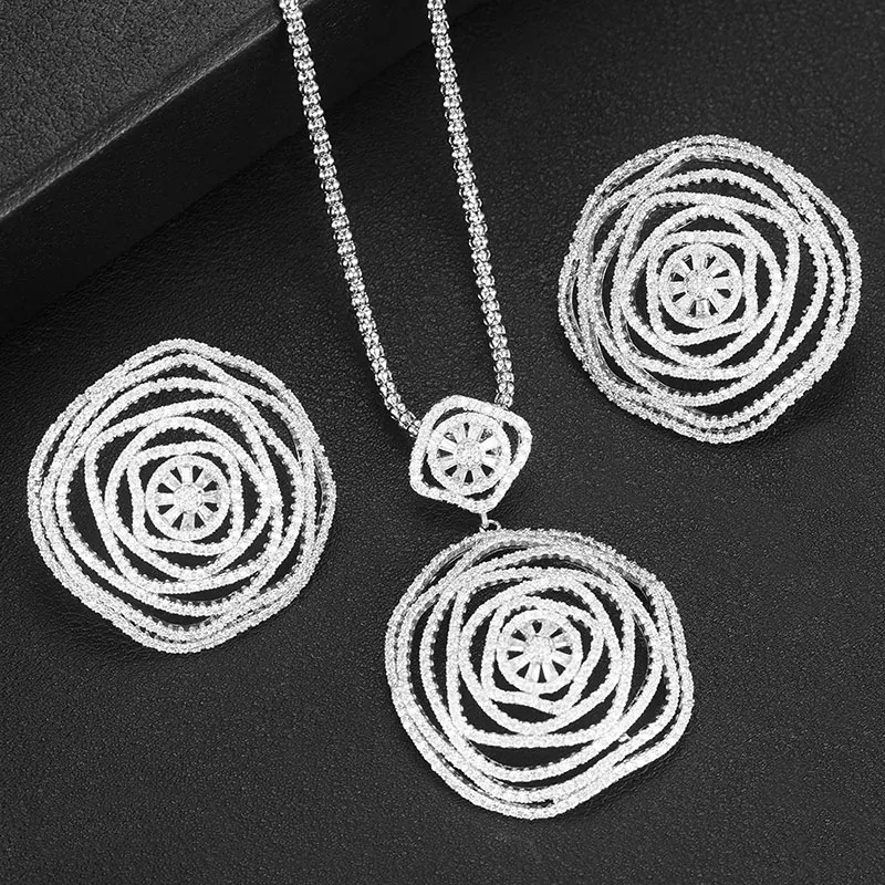 Silver GODKI Luxury Flower Round African Bangle Ring Set Indian Jewelry Sets For Women Wedding Engagement brincos para as mulheres - Окраска металла: Silver